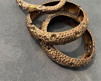 3 silver bangles with hammered design & semi precious stones $