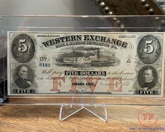 1857 Western Exchange OMAHA CITY Five Dollar Note
