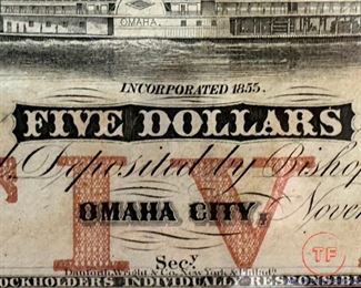1857 Western Exchange OMAHA CITY Five Dollar Note