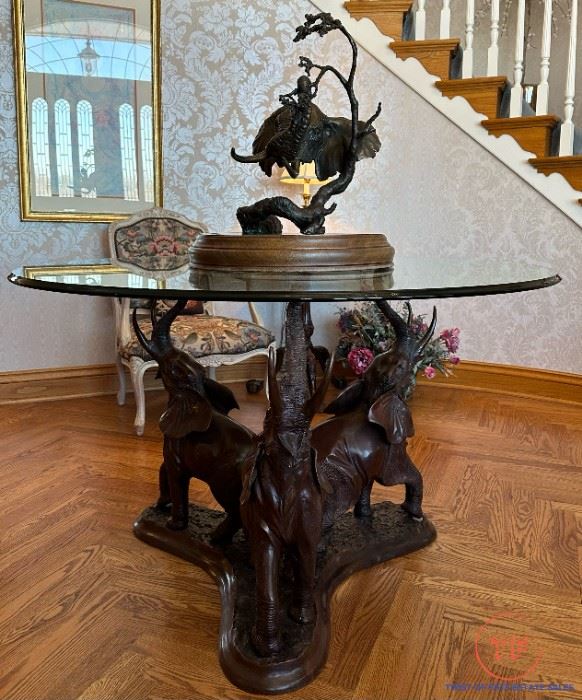 MAITLAND SMITH Bronze Sculpture Three Elephants (Good Luck) Glass Topped Table