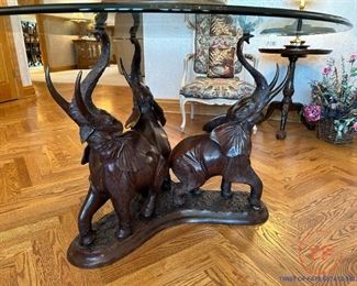 MAITLAND SMITH Bronze Sculpture Three Elephants (Good Luck) Glass Topped Table
