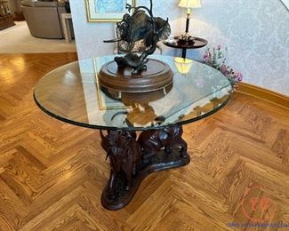 MAITLAND SMITH Bronze Sculpture Three Elephants (Good Luck) Glass Topped Table
