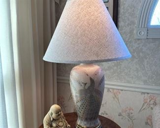 Signed FREDERICK COOPER Asian Ceramic Mid Century Peacock Lamps
