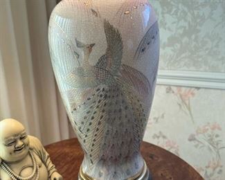 Signed FREDERICK COOPER Asian Ceramic Mid Century Peacock Lamps
