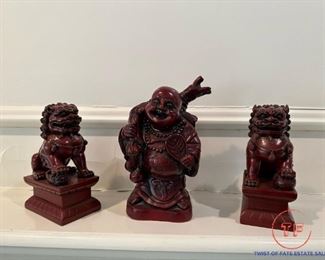 Resin Buddha and Foo Dogs