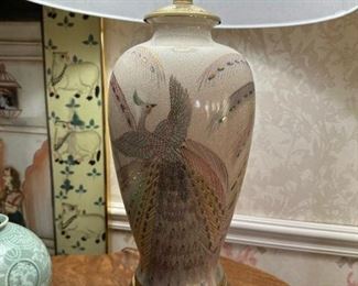 Signed FREDERICK COOPER Asian Ceramic Mid Century Peacock Lamps
