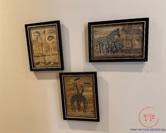 Set of 3 African Wild Life Marquetry Style Framed Art