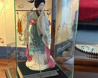 Vintage Geisha Doll in Glass and Wood Display Case