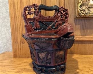 Hand Carved Wood Chinese Water Bucket