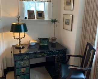 Chinoiserie desk; chair, brass lamp