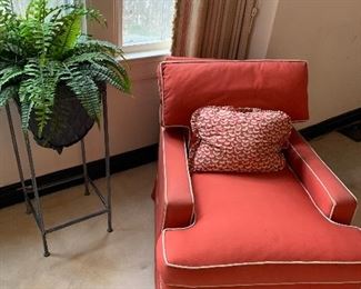 Large metal plant stand, red chair with white piping
