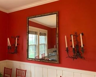 Huge mirror, pair of large iron floral sconces