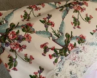 Dust ruffle on upstairs, twin beds, matches, footboard of powder, blue bedroom, suite and curtains, and upstairs bedroom