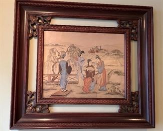 Chinese watercolor "The Song Bird" in original frame (belonged to the owner's parents).