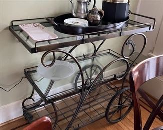 Wrought iron wheeled bar cart w/ 3 glass shelves