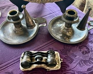 Pair 19th c silver plate chamber stick with snuffer; antique opera glasses
