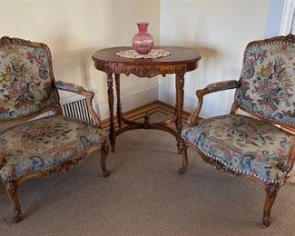 19th c Louie XV gros point & petit point tapestry chairs with carved walnut arms/legs/back.  Brought to USA prior to WWII.  Treasured family heirlooms for many years. Absolutely beautiful!!