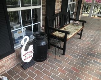 Welcome Goose
Vintage Metal milk container 
Bench 