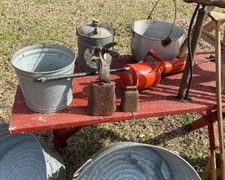 Galvanized buckets and other shed items