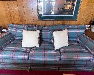 Plaid Upholstered Three-Seat Sofa with Down Filled Cushions. Measures 82" W x 32" D.
