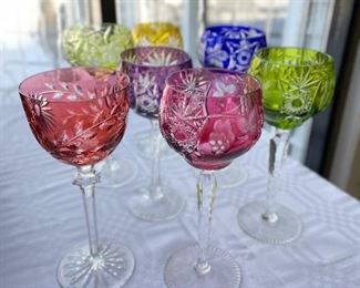 Set of 7 St. Louis Crystal-Style Wine Cut Colored Cut Crystal Coupe Set.