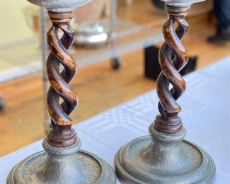 Pair of "Pretzel" Wood & Pewter Wax Catcher Candleholders.