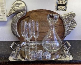 Decanter, Champagne Flutes & Pewter and Wood Duck Motif Charcuterie Board.