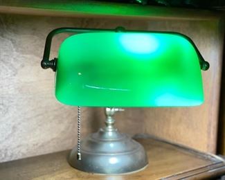 1960s Vintage Emeraldite Shade Solid Brass Banker Desk Lamp. Photo 1 of 2.