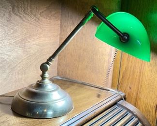 1960s Vintage Emeraldite Shade Solid Brass Banker Desk Lamp. Photo 2 of 2.