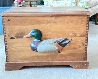 Vintage Wood Chest With Carved Mallard Duck Adornment. Measures 27" W x 15" D x 18" H. Photo 1 of 2.