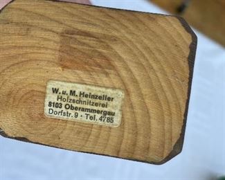 Vintage Hand-Carved Wood Figurine with W. u. M. Heinzeller Sticker. Photo 2 of 2.