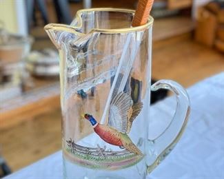 Vintage Hunting Motif Cocktail Pitcher & Leather Bound Stirrer.