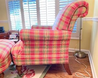 Pink & Green Plaid Upholstered Arm Chair with Matching Ottoman. Photo 3 of 5.