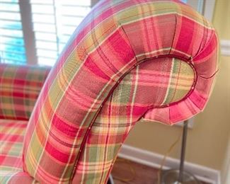 Pink & Green Plaid Upholstered Arm Chair with Matching Ottoman. Photo 4 of 5.