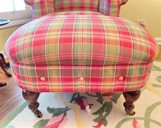 Pink & Green Plaid Upholstered Chair & Ottoman. Photo 5 of 5.