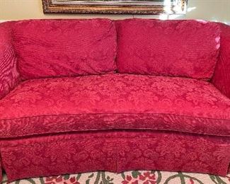 Red Damask Upholstered Loveseat. Measures 72" W x 40" D. Photo 1 of 2.
