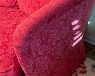 Red Damask Upholstered Loveseat. 72" W x 40" D. Photo 2 of 2.