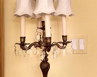 Antique Victorian Five-Arm Brass Candelabra Table Lamp on Marble Base with Crystals.