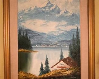 Original Oil Painting of Lake / Mountain Signed by Artist. Measures 24" W x 35" H Unframed. Photo 1 of 2.