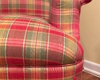 Pink & Green Plaid Upholstered Arm Chair with Matching Ottoman. Photo 2 of 5.