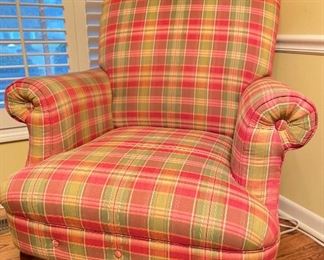 Pink & Green Plaid Upholstered Arm Chair with Matching Ottoman. Photo 1 of 5.
