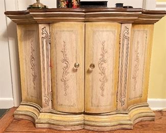 Two-Drawer Demi-Lune with Wood Top. Measures 38" W x 11" D x 28" H.