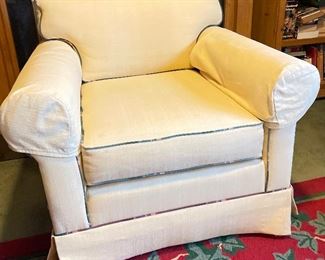 Pale Yellow Upholstered Club Chair with Green Plaid Piping. Measures 36" W x 36" D. Photo 1 of 2.