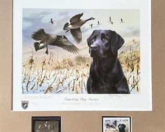 Sporting Dog Series Black Labrador - Canada Geese Lithograph and Stamps.