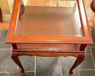 Pair of Queen Anne Curio Glass Display Lift-Top Side Tables. Each Measures 23ʺW × 18ʺD × 24ʺH. Photo 2 of 3.