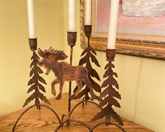Rustic Brown Metal Pine Tree and Moose Candleholders.