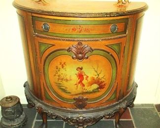 Pair of Demilune chests with lovely images and decorative aprons  - Great condition