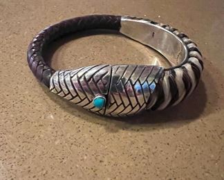 Lou Guerin Sterling silver/leather bracelet w/turquoise