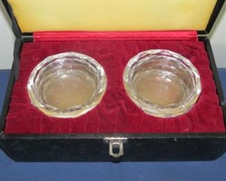 POST HOUSE LEADED CRYSTAL COASTER/ ASH TRAY SET OF 8 IN STORAGE BOX.