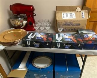 Crystal glassware, Wolfgang Puck stand mixer, NIB Highgate Manor china sets